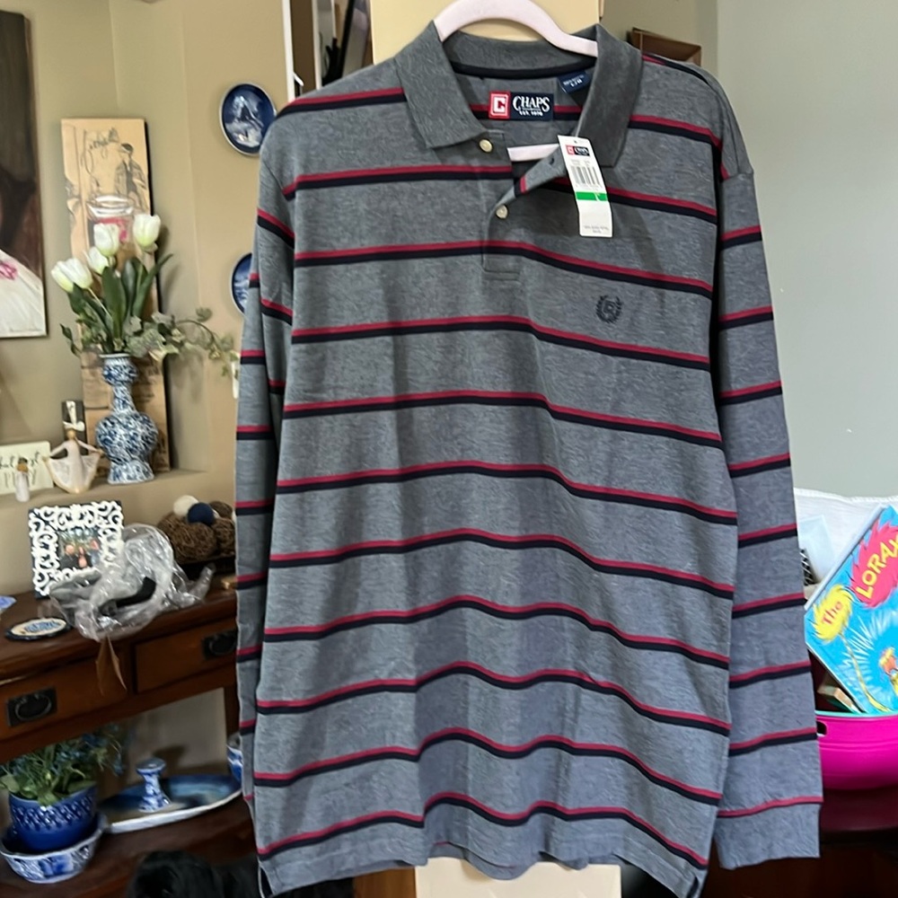 NWT MENS CHAPS STRIPED LONG SLEEVE POLO
